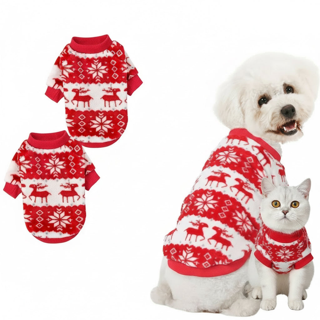 Christmas Pet Sweater for Cats & Dogs – Warm Coral Velvet Holiday Outfit with Reindeer Pattern